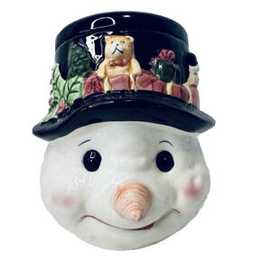Christmas Snowman Ceramic Candy/Cookie Jar Hand painted In Original Box